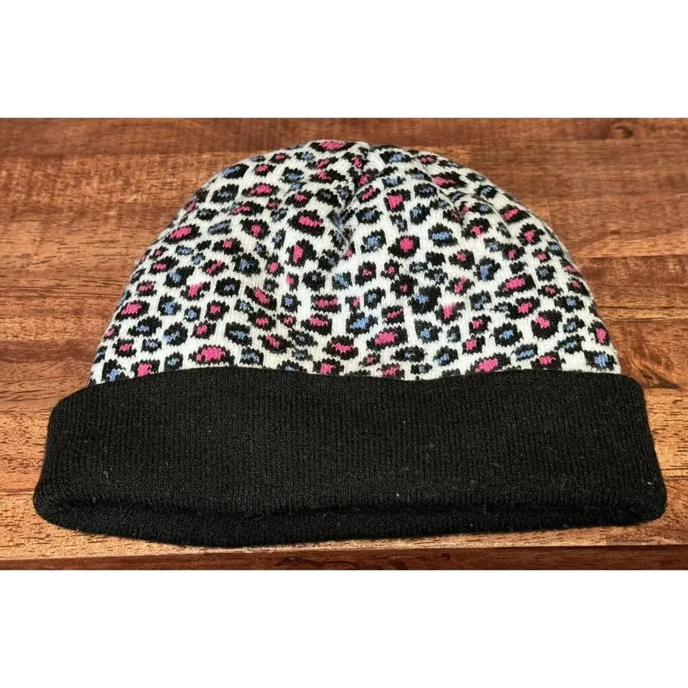 Juicy Couture Pink Snow Leopard Print Knit Slouchy Beanie Pom Pom Hat KIDS